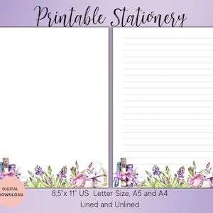 Fleurs et livres Papeterie imprimable - Papier à lettres printanier Sans ligné A5/A4/USLetter-Papeterie pour lettres - Papier à lettres printanier - Amateur de livres