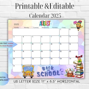 August 2025 EDITABLE Printable Calendar-Back to School Calendar-Calendar for classroom-Printable Fillable Monthly Planner-Instant Download