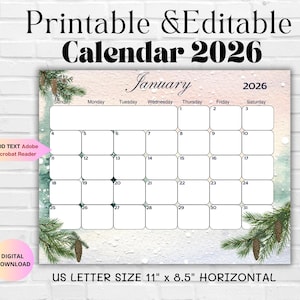 EDITIERBARER Januar 2026 Kalender-Druckbarer befüllbarer Winterplaner für Kinder Schule Hausarbeit Büro-Instant Download-Januarplaner