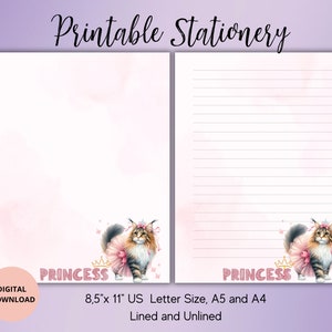 Cat lover Printable Stationery Set-Princess Writing Paper set Unlined Lined A4/A5/US letter-Pen pal supplies-Cat stationary