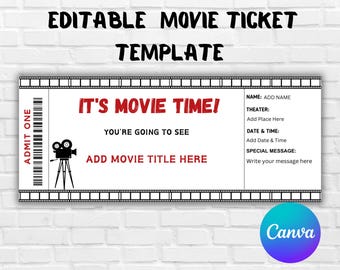 Movie Night Editable Ticket-Editable Movie Voucher-Custom Movie Ticket-Surprise Movie Night Ticket Template-Editable Ticket-Gift Ticket