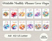 Watercolor Monthly Planner Covers-Planner dividers-Printable Watercolor Monthly Planner Covers A5/A4/US Letter-12 Journal Pages & Inserts