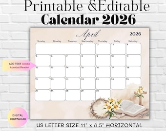 Religious Easter Fillable Monthly Planner-April 2026 Easter Calendar EDITABLE-Download Calendar-April Planner-Religious Christianity Easter
