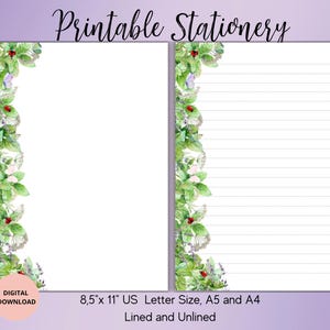 Folhas de hortelã com borboletas e joaninhas - Conjunto de papelaria para impressão de ervas de verão - Papel de carta botânico A5/A4/US Letter pautado sem pauta