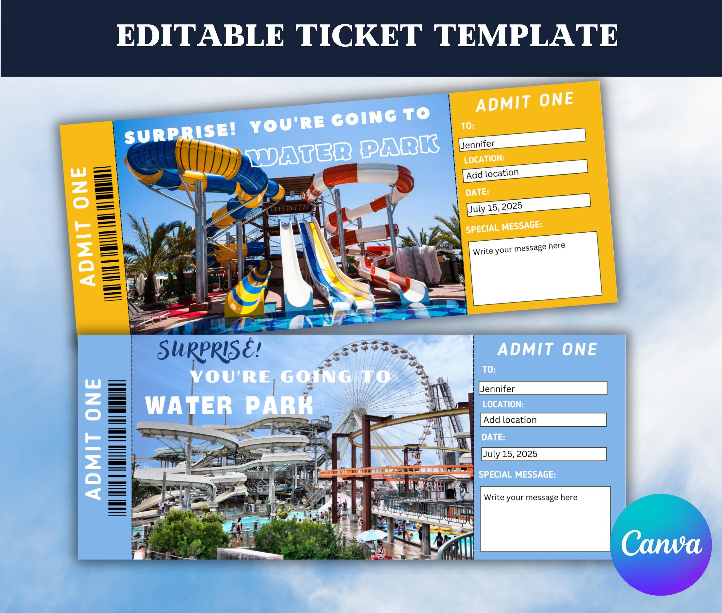 Editable Water Park Surprise Ticket-water Park Gift Certificate Template-printable Water Park ...