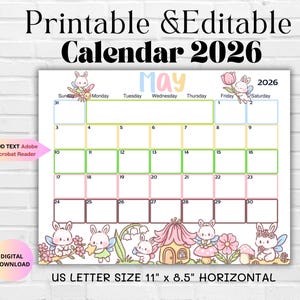 May 2026 Editable printable Calendar-Printable Monthly Planner for Family, School, Office & Home Organizer-Printable PDF-Cute Planner