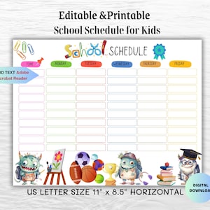 Editable Printable School Schedule for Kids-School Supplies Theme-Kids Routine Chart-Kindergarten planner-Elementary Class Schedule USLetter
