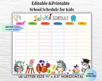 Editable Printable School Schedule for Kids-School Supplies Theme-Kids Routine Chart-Kindergarten planner-Elementary Class Schedule USLetter