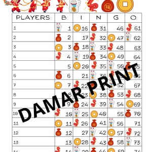 Tabuleiro de Bingo Chinês para Imprimir - Tabuleiro de Bingo 1-15 Linhas - Bingo Dragão - Branco Misto Reto - 75 Bolas