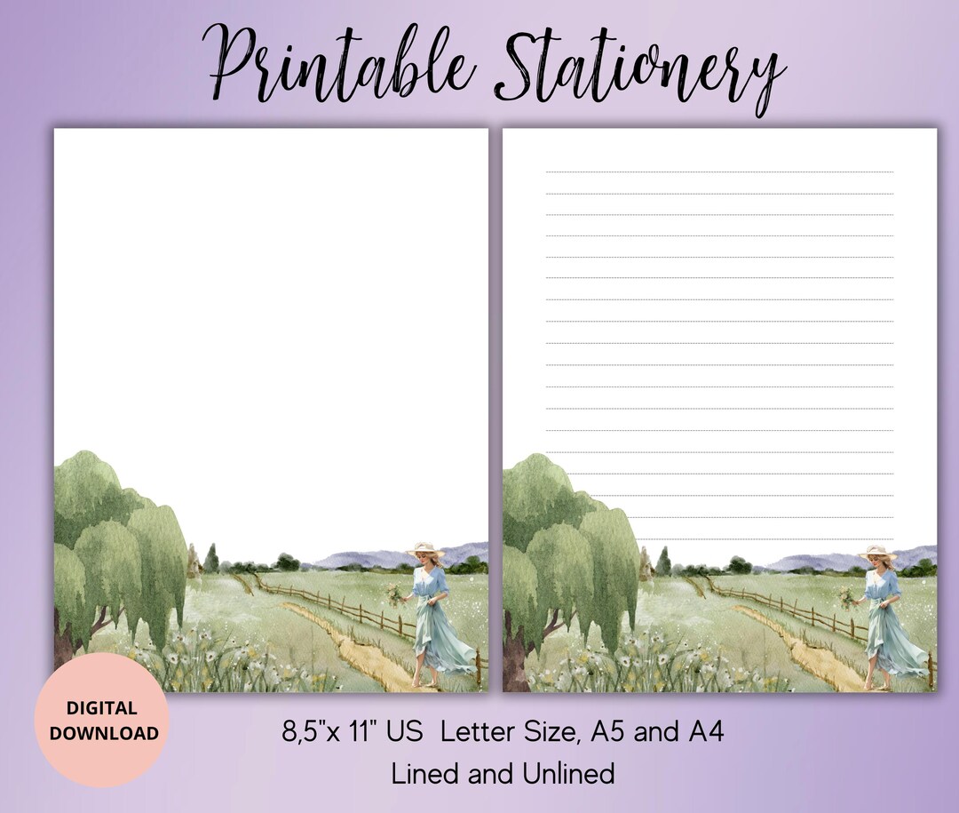 Watercolor Summer Landscape Printable Stationery-girl Writing Paper Set ...