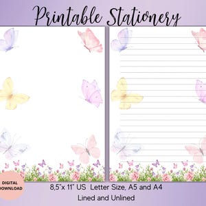 Papelería imprimible de mariposas con flores - Papel de carta con flores, rayado, sin raya, tamaño A5/A4/US, papel de notas digital con flores, carta botánica