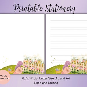 Chica en el jardín Papelería imprimible-Juego de papel de escritura de flores Sin forro Forrado A4/A5/Carta de EE. UU.-Papelería de primavera-Plantilla Goodnotes-Penpal