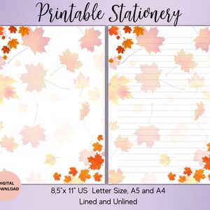 Könnte beinhalten: Druckbare Schreibwaren mit einem weißen Hintergrund, verziert mit stilisierten Herbstblättern in Orange, Gelb und Rosa. Der Text "Printable Stationery" steht oben. Erhältlich in US Letter, A5 und A4 Größen, liniert und unliniert.