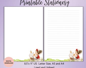 Girl with Goose Printable Stationery-Cute Writing paper set Lined Unlined A5/A4/US Letter-Cute Notepaper-Cute Stationery
