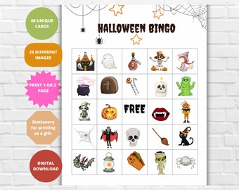 Halloween Bingo,Printable 40 Unique Bingo Cards,Halloween Activity for Kids and Adults,Halloween Classroom Activity, Cute Halloween Bingo