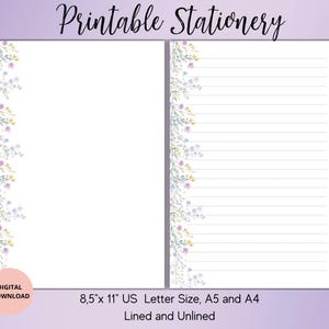 Ensemble de papier à lettres imprimable fleurs aquarelle papeterie-téléchargement numérique fleurs, ligné non doublé A4/A5/US Letter-Summer bloc-notes