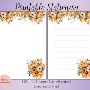 Papelaria para impressão, Papelaria para flores, Conjunto de papel para escrita floral A4, A5, Carta dos EUA, PDF digital, Pautado sem pauta, Carta floral, Carta botânica