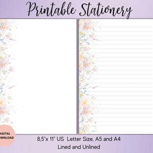 Ensemble de papier à lettres imprimable fleurs aquarelle papeterie-téléchargement numérique fleurs, ligné non doublé A4/A5/US Letter-Summer bloc-notes