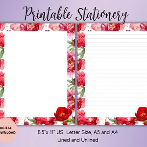 Papelería imprimible de peonía-Juego de papel de escritura con estampado floral de flores forrado sin forro A4/A5/Carta de EE. UU. Descarga instantánea- Suministros por correspondencia