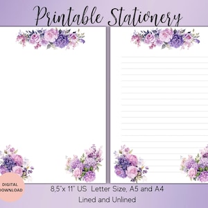 Lila Blumen Briefpapier Set A4,A5 zum ausdrucken, US Letter gefüttert unliniert-Instant Download-Blumen Notizblock