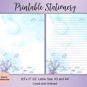 Papelaria para impressão marítima Papelaria marinha Papel de carta aquarela Conjunto de cartas A4/A5/US Letter/Download PDF Pautado sem pauta Papel de carta fofo