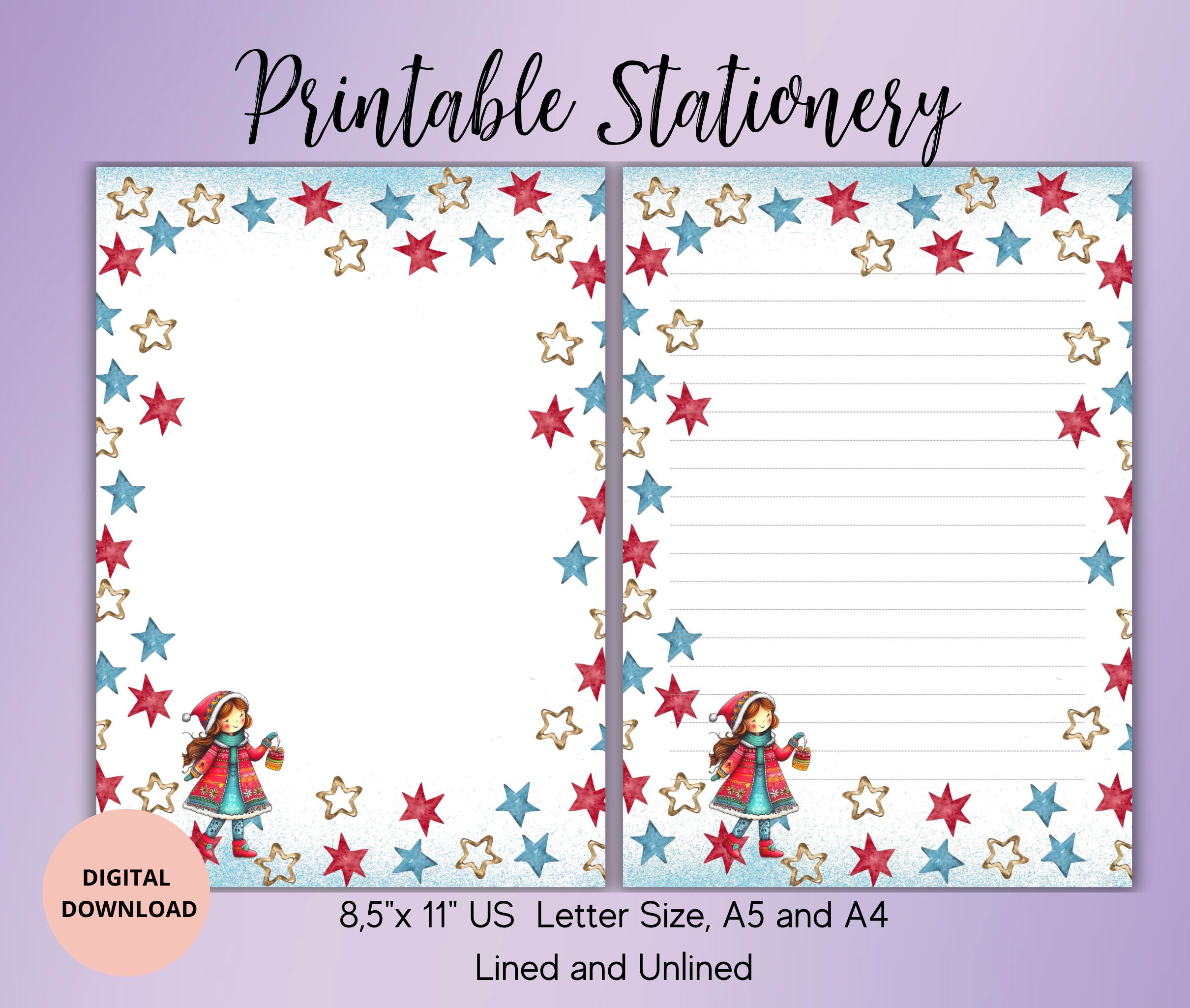 Winter Printable Writing Paper Set Girl With Stars Stationary-goodnotes ...