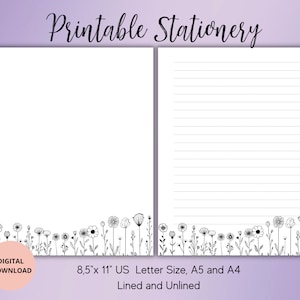 Papelería imprimible de flores minimalistas-Juego de papel de escritura imprimible de flores Descarga digital A4/A5/Carta de EE. UU.-Notas de flores-Suministros de pen pal