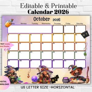 Calendario de octubre de 2026 editable: planificador de Halloween 2026 con una bruja espeluznante y adorable. Calendario imprimible editable de brujas. Planificador mensual digital.