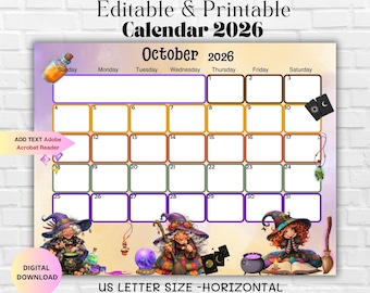 EDITABLE October 2026 Calendar-Cute Spooky Witch Halloween 2026 Planner-Witch Printable Editable Calendar- Digital Monthly Planner