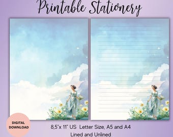 Woman with Flowers Printable Stationery -Summer Writing Paper Set A5/A4/US Letter Lined Unlined-Flower Note Paper-Penpal Supplies