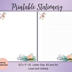 Papelería imprimible de loto y libélula, juego de papel de escritura de flores, sin forro, A5/A4/carta estadounidense, lindo papel de notas Digital