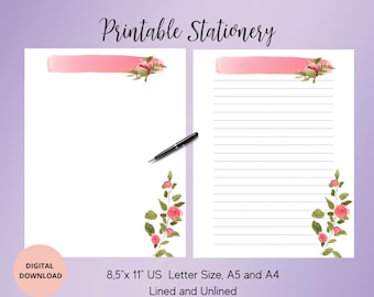 Rose schrijfset, bloem afdrukbaar briefpapier, bloemen schrijfpapier brief schrijfpapier A4, A5, US Letter Instant Download, ongevoerd gevoerd