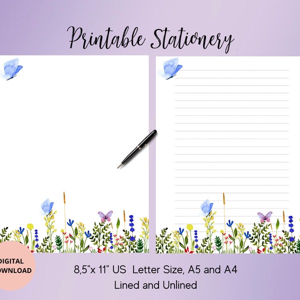 Wildflower Writing Set ,Flower Printable Stationery,Floral Writing Paper Letter A4,A5,US Letter,Instant Download,Lined Unlined