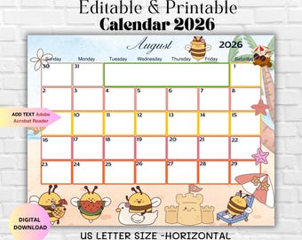 August 2026 Editable Printable Calendar-Cute Monthly Planner for Family,School,Office & Home Organizer-Printable PDF-Summer Family Calendar