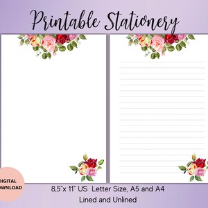 Rose imprimable papeterie-papeterie florale-papier à lettres botanique A4/A5/US lettre téléchargement immédiat-lettre d'amour ligné non doublé feuille mémo