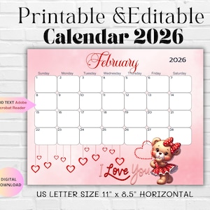 Calendario imprimible y editable de febrero de 2026 - Planificador mensual &quot;Dulce San Valentín 2026&quot; - Calendario para aula/familia rellenable - Descarga instantánea