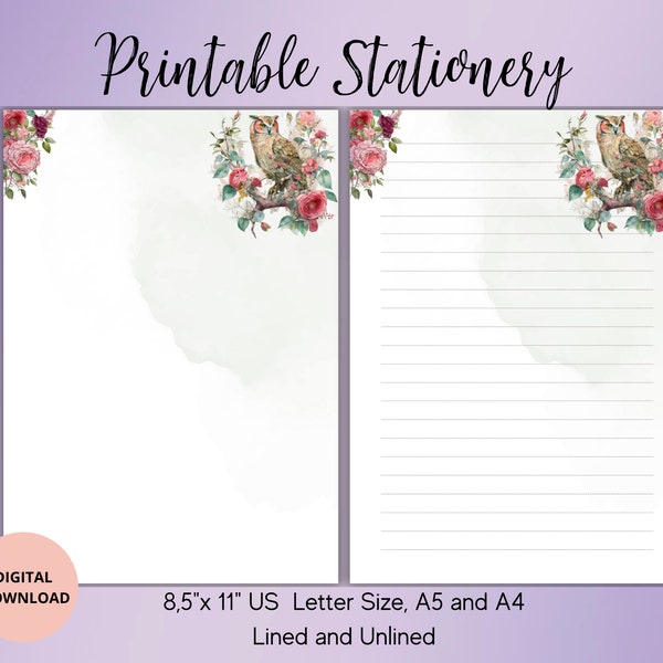 Owl with flower printable stationery-Flolar stationary-Cute  Writing paper set lined unlined A4/A5/US LETTER- Penpal Supplies-Digital PDF