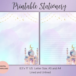 Könnte beinhalten: Druckbare Briefpapier mit einer Aquarell-Illustration einer Moschee mit einem Halbmond und Sternen. Das Design enthält eine goldene Lichterkette und ist in linierten und unlinierten Versionen erhältlich. Die Papierformate sind 8,5 x 11 Zoll, A5 und A4.