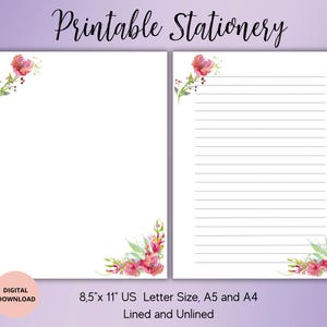 Watercolor Flower Printable Sttaionery-Flower Writing Paper Set A4/A5/US Letter Lined Unlined-Watercolor Flower Notepaper