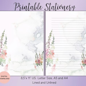 Papier à lettres imprimable aquarelle fleurs fleurs sauvages papier à lettres floral papier à lettres lettre A4, A5, lettre US téléchargement immédiat