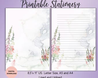 Watercolor Flower Printable Stationery Wildflower stationary Floral Writing Paper  Letter Writing Paper A4,A5,US Letter Instant Download