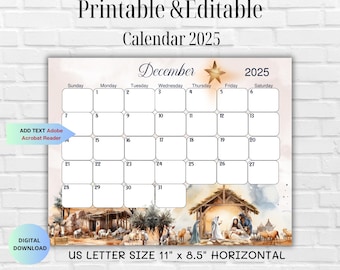 Nativity Religious Fillable Monthly Planner-Christian Christmas EDITABLE 2025 Calendar-Kids Schedule Instant Download-December Planner