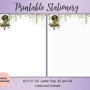 May include: Printable stationery featuring a green fairy with brown hair sitting on a swing. The fairy is surrounded by green vines and leaves. The stationery is available in 8.5" x 11" US Letter size, A5 and A4, and comes in lined and unlined options.