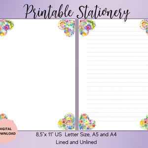Papelería imprimible con corazones de colores - Papel de carta imprimible para el día de San Valentín con rayas y sin rayas, tamaño A4/A5/US - Carta de amor - Amigo por correspondencia romántico