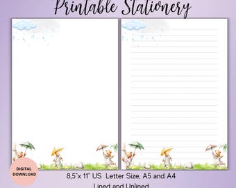 Bears in the Rain Printable Stationery-Rainy Day Writing paper set Lined Unlined A5/A4/US Letter-Animal Notepaper-Bears Stationery
