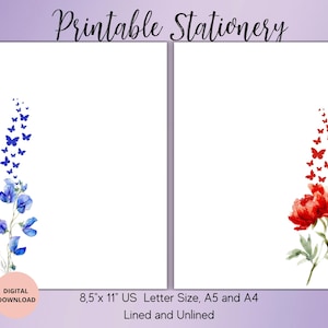 Ensemble de papier à lettres imprimable fleurs sauvages et papillons-été sans doublure avec doublure A4/A5/US Letter-Mignon à lettres-papier à lettres floral