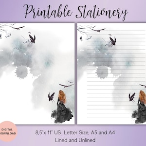Gothic Girl Raven Writing Set-Crow Printable Stationery-Bird Writing Paper Letter Set A4/A5/US Letter Instant Download Unlined Lined