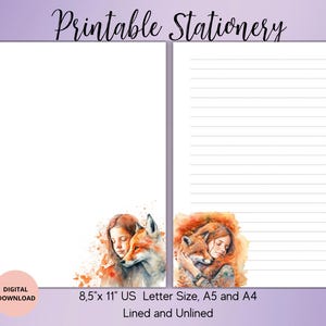 Mädchen mit Fuchs Printable Briefpapier, Aquarell Druck Schreibpapier Set Liniert,Unliniert A4,A5,US Letter,Instant Download