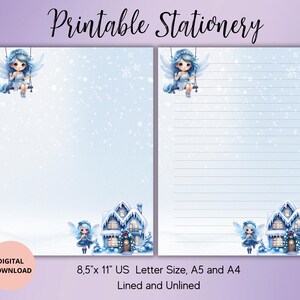 Papelaria para impressão de fadas de inverno - Conjunto de papel de carta de anjo de Witner sem forro pautado A4/A5/carta dos EUA - Papelaria para impressão de conto de fadas - Amiga de caneta de fada