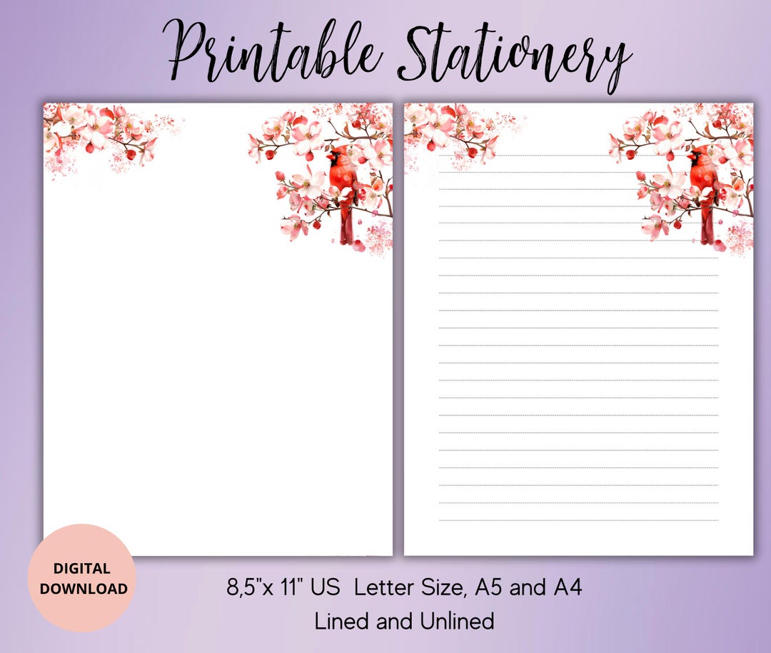 Cardinal Note Paper Red Cardinal and Flowers Stationery Set-flower Writing Paper Unlined ...